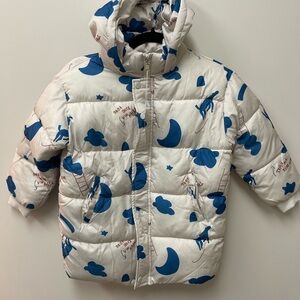 Kids Unisex White and Blue Puffer Jacket with Moon and Cloud Print